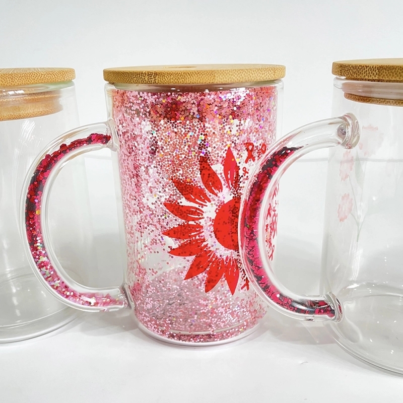 25 Pack China Warehouse 15oz Double Walled Snow Globe Glass Mugs 15 oz Glass Cup With Hollow Handle