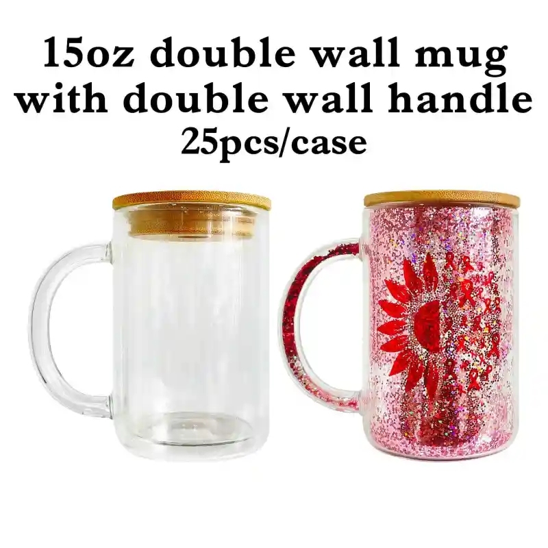 25 Pack China Warehouse 15oz Double Walled Snow Globe Glass Mugs 15 oz Glass Cup With Hollow Handle