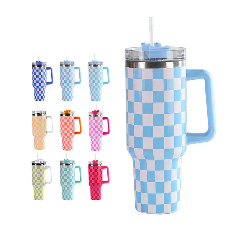 40oz Checkerboard Printing Stainless Steel Mug with Handle & Straw