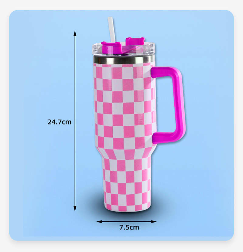 40oz Checkerboard Printing Stainless Steel Mug with Handle & Straw