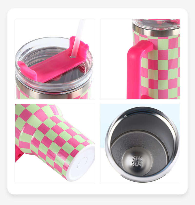 40oz Checkerboard Printing Stainless Steel Mug with Handle & Straw