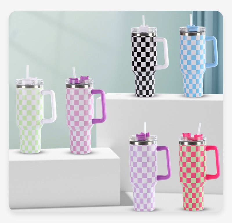 40oz Checkerboard Printing Stainless Steel Mug with Handle & Straw