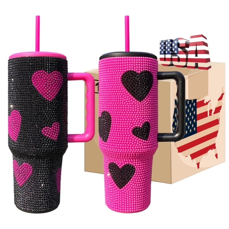 20 Pack USA Warehouse Hot Pink Black 40 oz Cup 40oz Sweet Heart Print Bling Rhinestone Tumblers