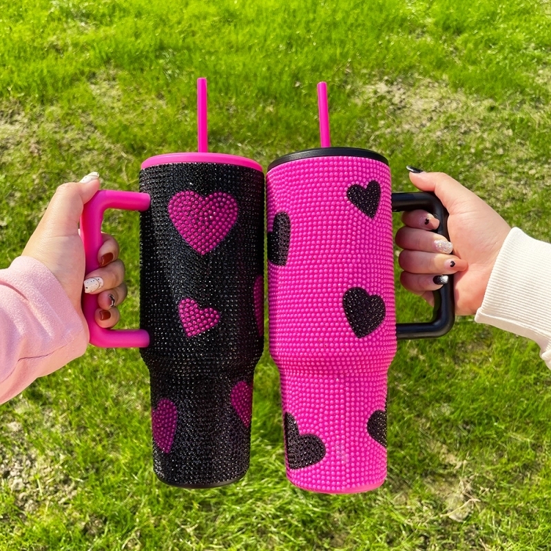 20 Pack USA Warehouse Hot Pink Black 40 oz Cup 40oz Sweet Heart Print Bling Rhinestone Tumblers