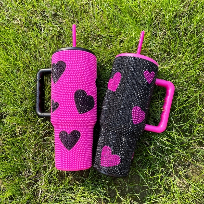 20 Pack USA Warehouse Hot Pink Black 40 oz Cup 40oz Sweet Heart Print Bling Rhinestone Tumblers