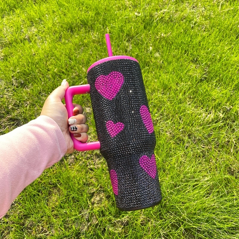 20 Pack USA Warehouse Hot Pink Black 40 oz Cup 40oz Sweet Heart Print Bling Rhinestone Tumblers