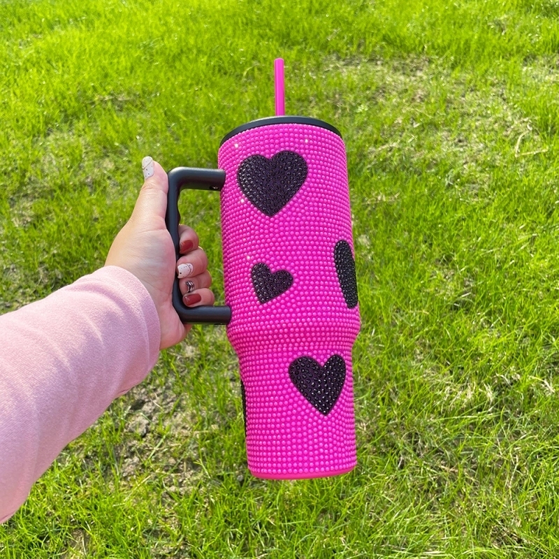 20 Pack USA Warehouse Hot Pink Black 40 oz Cup 40oz Sweet Heart Print Bling Rhinestone Tumblers