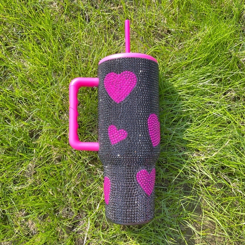 20 Pack USA Warehouse Hot Pink Black 40 oz Cup 40oz Sweet Heart Print Bling Rhinestone Tumblers