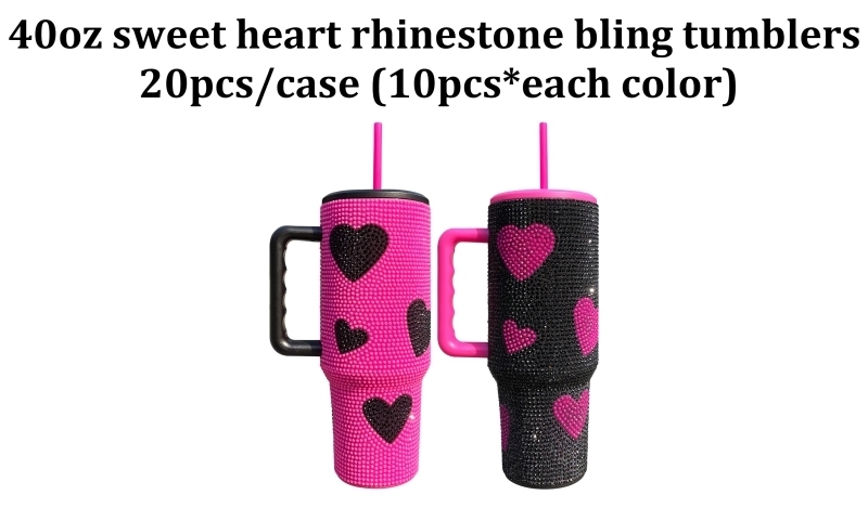 20 Pack USA Warehouse Hot Pink Black 40 oz Cup 40oz Sweet Heart Print Bling Rhinestone Tumblers
