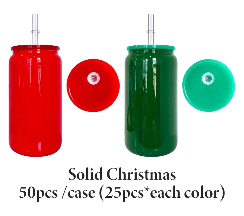 50 Pack USA Warehouse 16oz Christmas Green Red Mix Color Sublimation Glass Can Both Work for UV DTF Wraps