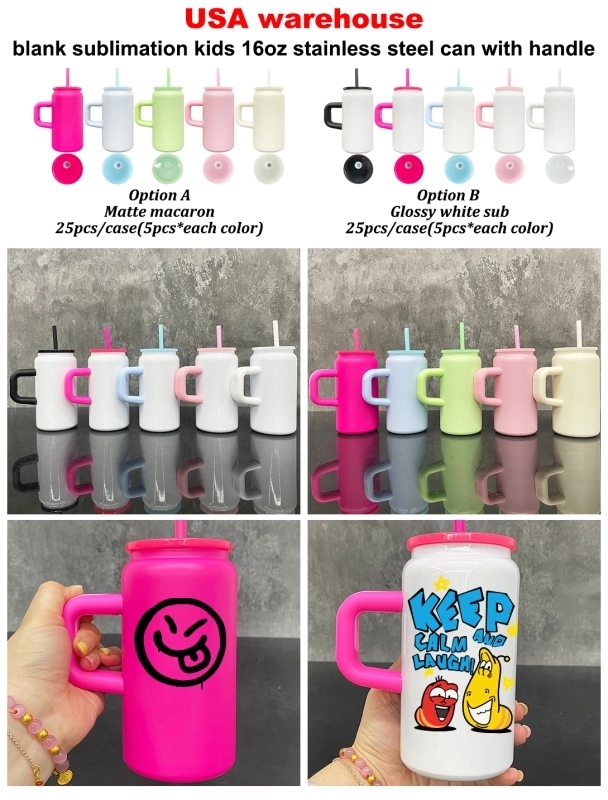 25 Pack USA Warehouse 16oz Blank Sublimation Jar Cup 16 oz Matt Macaron and Glossy White Color Stainless Steel Can with Handle