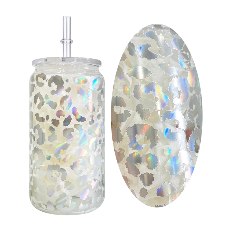 50 Pack USA Warehouse 16oz Clear Holographic Print Leopard Glass Water Bottle Cup 16 oz Travel Glass Can With PP Lids