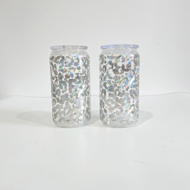50 Pack USA Warehouse 16oz Clear Holographic Print Leopard Glass Water Bottle Cup 16 oz Travel Glass Can With PP Lids