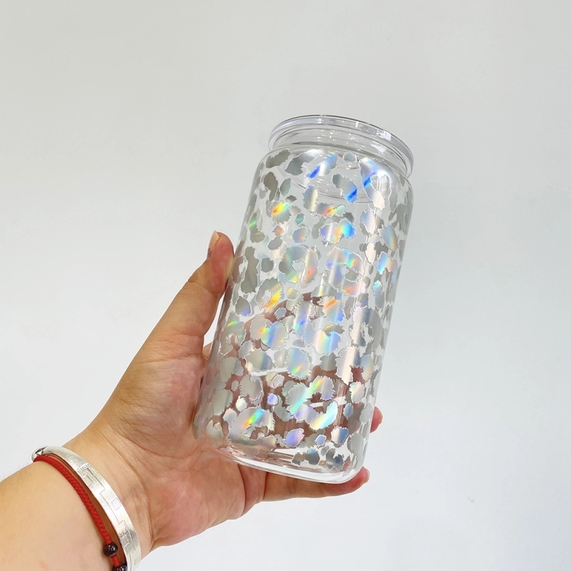 50 Pack USA Warehouse 16oz Clear Holographic Print Leopard Glass Water Bottle Cup 16 oz Travel Glass Can With PP Lids