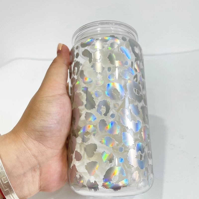 50 Pack USA Warehouse 16oz Clear Holographic Print Leopard Glass Water Bottle Cup 16 oz Travel Glass Can With PP Lids