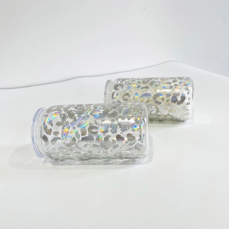 50 Pack USA Warehouse 16oz Clear Holographic Print Leopard Glass Water Bottle Cup 16 oz Travel Glass Can With PP Lids