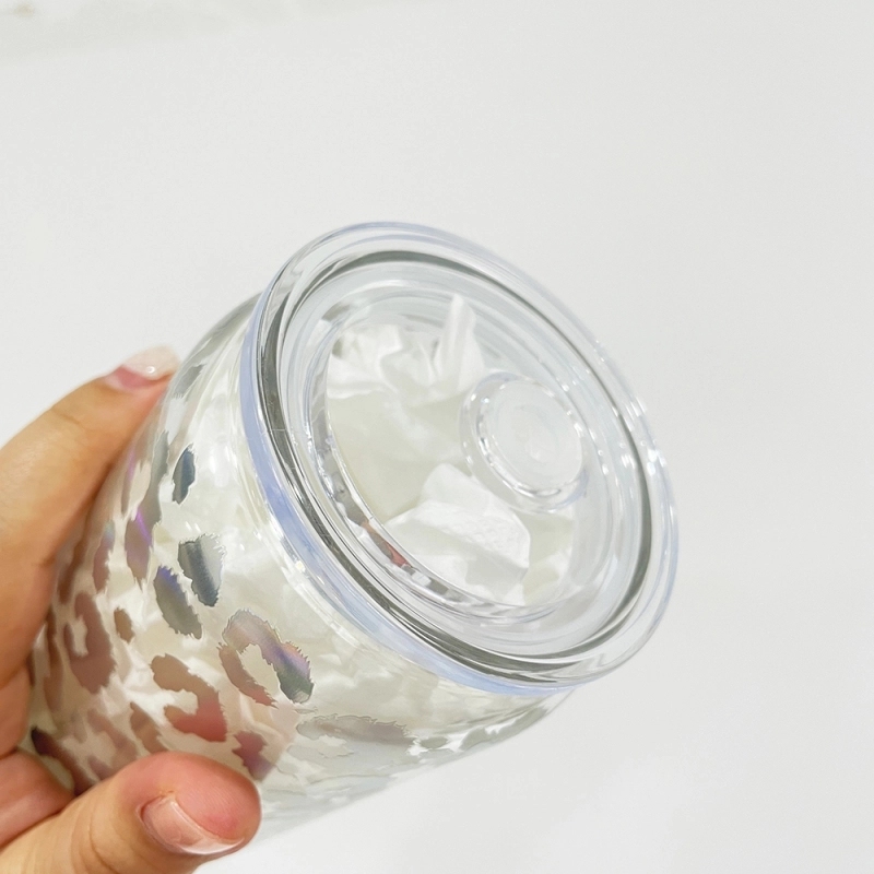 50 Pack USA Warehouse 16oz Clear Holographic Print Leopard Glass Water Bottle Cup 16 oz Travel Glass Can With PP Lids