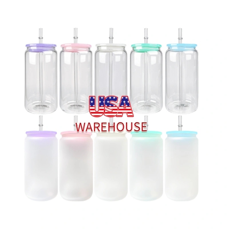 50 Pack USA Warehouse Blank Sublimation 16oz Frosted Clear Glass Can 16 oz Glass Cup With PP Lids