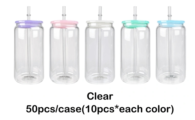 50 Pack USA Warehouse Blank Sublimation 16oz Frosted Clear Glass Can 16 oz Glass Cup With PP Lids