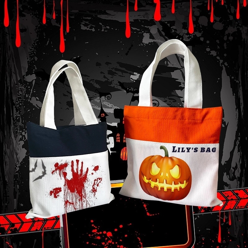 50 Pack USA Warehouse 10.2Inch *10Inch Orange Black Color Halloween Blank Sublimation Kids Candy Tote Bag Sold By Case