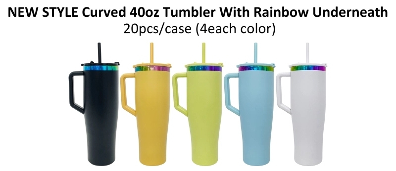 20 Pack USA Warehouse NEW STYLE Curved 40oz Tumbler 40 oz Stainless Steel Cup with Rainbow Underneath for Laser Engraving