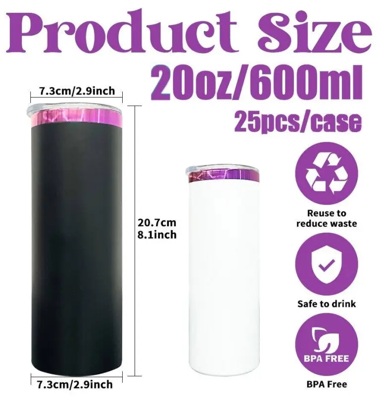 25 Pack USA Warehouse 20oz Mirror Purple Plate Powder Coat Straight Skinny Tumblers 20 oz Stainless Steel Cup for Laser Engraving