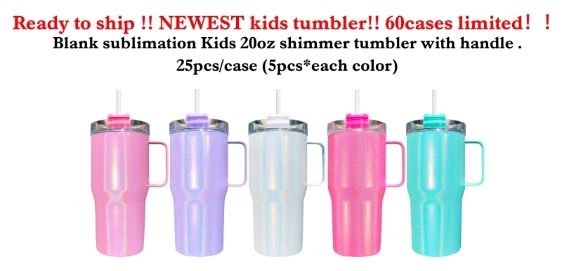 25 Pack USA Warehouse Newest Style Sublimation 20oz Kids Sparkly Shimmer Stanley Tumbler with Handle