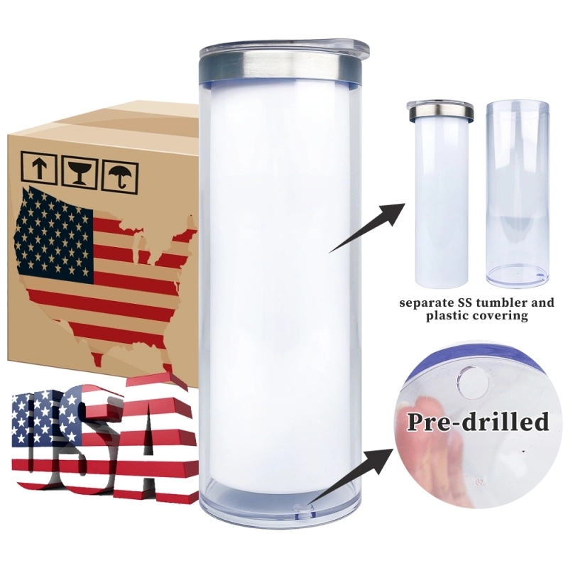 25 Pack USA Warehouse 20oz Sublimation Blanks Pre Drilled Double Wall Metal Snow Globe Tumblers Plastic Outside White Stainless Steel Inside