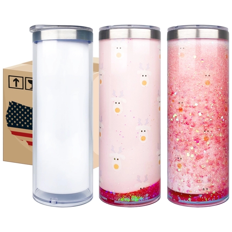 25 Pack USA Warehouse 20oz Sublimation Blanks Pre Drilled Double Wall Metal Snow Globe Tumblers Plastic Outside White Stainless Steel Inside
