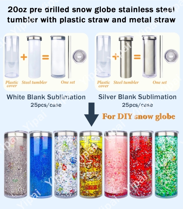 25 Pack USA Warehouse 20oz Sublimation Blanks Pre Drilled Double Wall Metal Snow Globe Tumblers Plastic Outside White Stainless Steel Inside