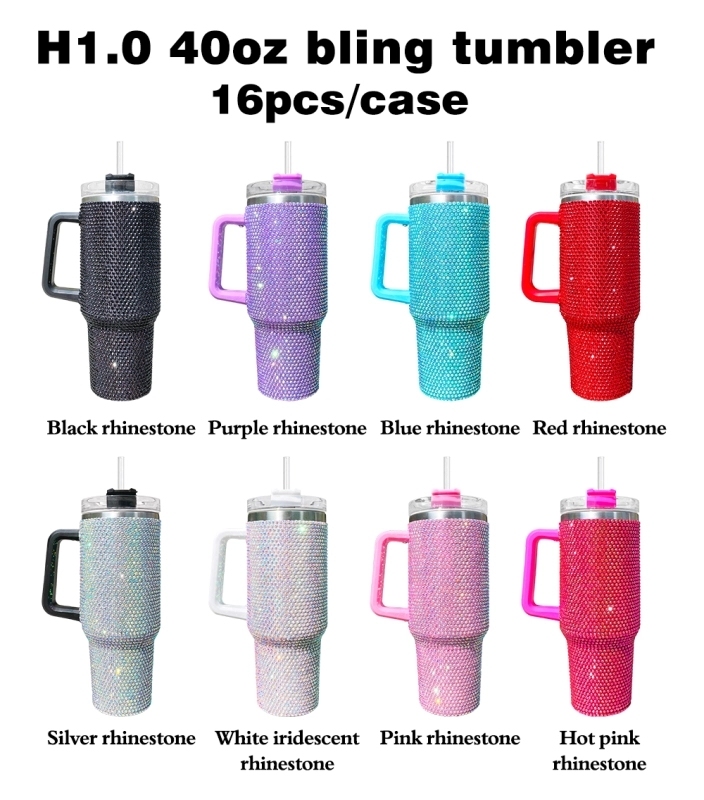 16 Pack USA Warehouse H1.0 40oz Solid 8 Colors Bling Rhinestone Full Coverd Tumblers for Outdoor