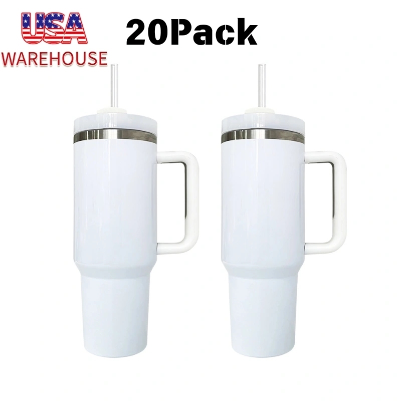 20 Pack USA Warehouse H2.0 40oz Sublimation Blanks Stainless Steel Cup 40 oz White Color Travel Mug With Handle Sold by Case