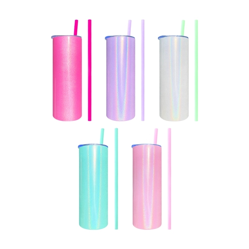 25 Pack USA Warehouse 20oz Shimmer Sublimation Straight Tumbler Macaron Colors Skinny Tumblers With Colored PP straw