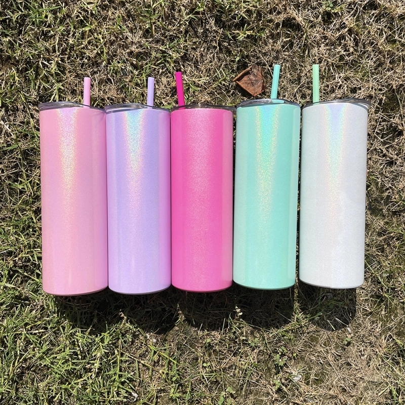 25 Pack USA Warehouse 20oz Shimmer Sublimation Straight Tumbler Macaron Colors Skinny Tumblers With Colored PP straw