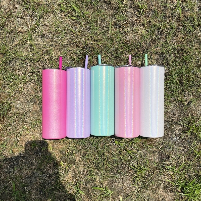 25 Pack USA Warehouse 20oz Shimmer Sublimation Straight Tumbler Macaron Colors Skinny Tumblers With Colored PP straw