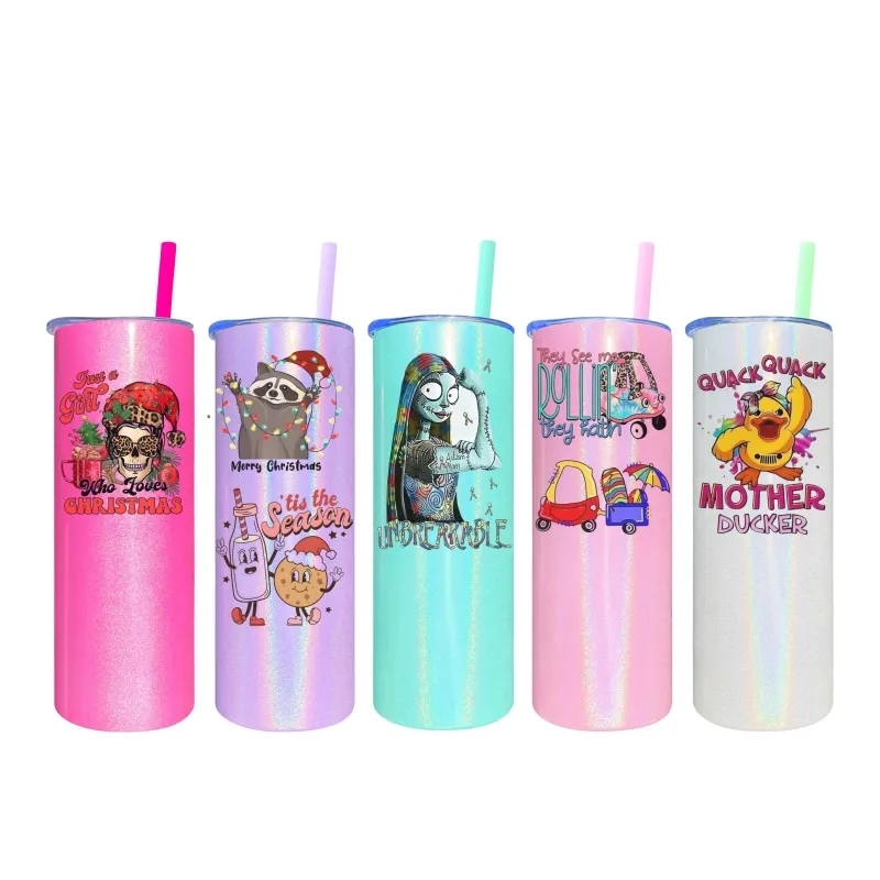 25 Pack USA Warehouse 20oz Shimmer Sublimation Straight Tumbler Macaron Colors Skinny Tumblers With Colored PP straw