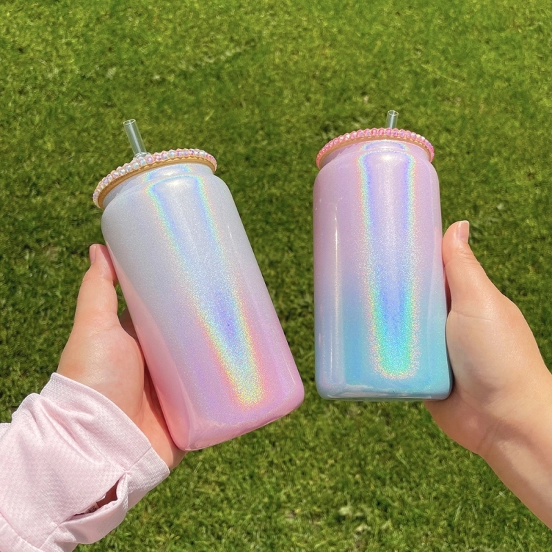 50 Pack USA Warehouse 15OZ Glass Water Bottle Ombre Shimmer Blank Sublimation Glass Can Cup With Bling Rhinestone Lid