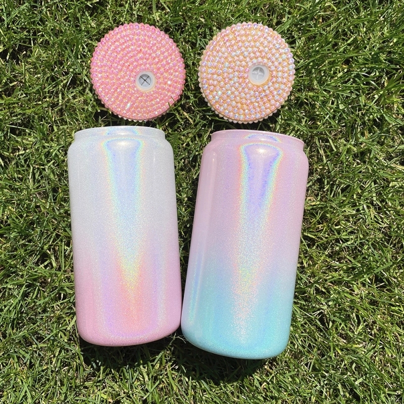 50 Pack USA Warehouse 15OZ Glass Water Bottle Ombre Shimmer Blank Sublimation Glass Can Cup With Bling Rhinestone Lid