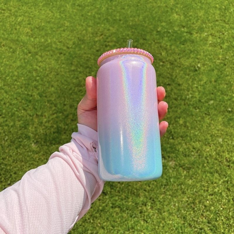 50 Pack USA Warehouse 15OZ Glass Water Bottle Ombre Shimmer Blank Sublimation Glass Can Cup With Bling Rhinestone Lid