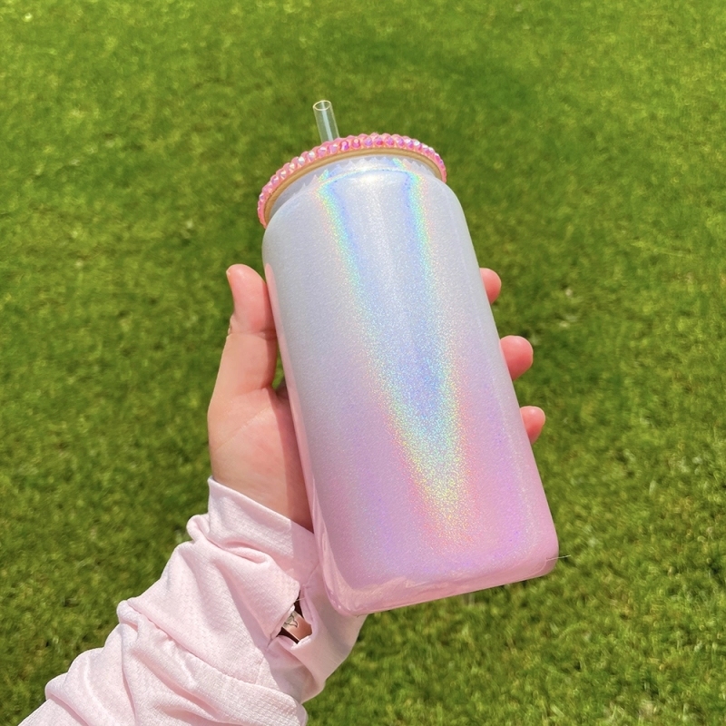 50 Pack USA Warehouse 15OZ Glass Water Bottle Ombre Shimmer Blank Sublimation Glass Can Cup With Bling Rhinestone Lid