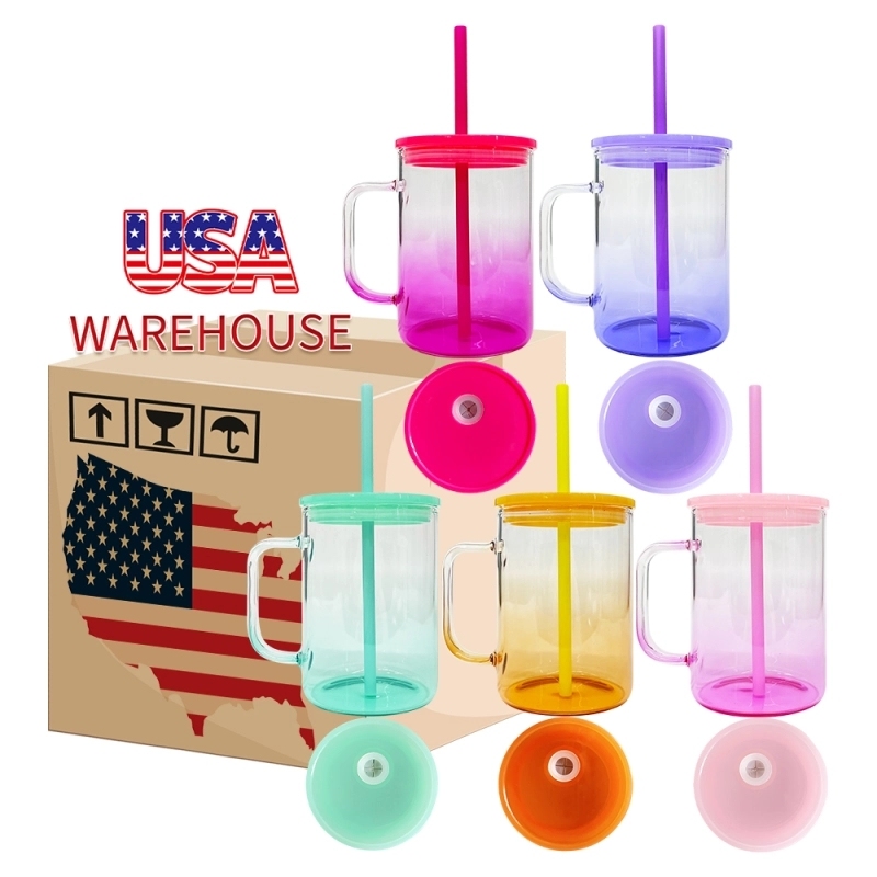 25 Pack USA Warehouse17oz Ombre Jelly Glass Mugs With Colorful Plastic Lids for Sublimation and UV DTF Wraps