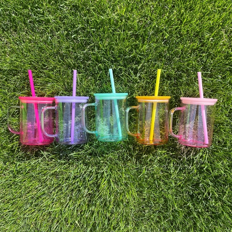 25 Pack USA Warehouse17oz Ombre Jelly Glass Mugs With Colorful Plastic Lids for Sublimation and UV DTF Wraps