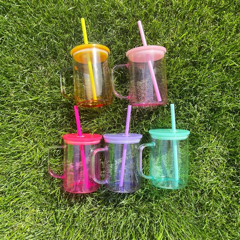 25 Pack USA Warehouse17oz Ombre Jelly Glass Mugs With Colorful Plastic Lids for Sublimation and UV DTF Wraps