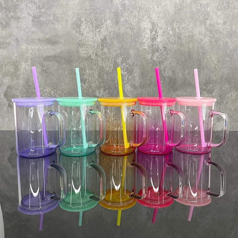 25 Pack USA Warehouse17oz Ombre Jelly Glass Mugs With Colorful Plastic Lids for Sublimation and UV DTF Wraps