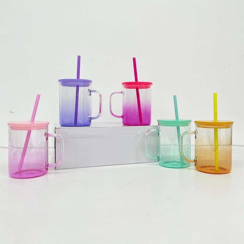 25 Pack USA Warehouse17oz Ombre Jelly Glass Mugs With Colorful Plastic Lids for Sublimation and UV DTF Wraps