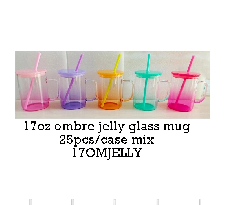 25 Pack USA Warehouse17oz Ombre Jelly Glass Mugs With Colorful Plastic Lids for Sublimation and UV DTF Wraps