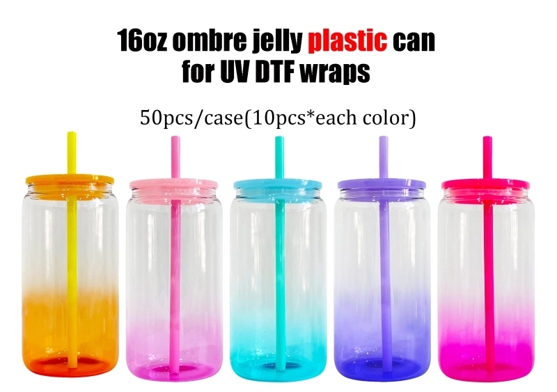 50 Pack USA Warehouse 16oz Ombre Jelly Platic Acrylic Can for UV DTF Wraps and Vinyl