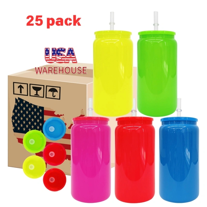 25 Pack 50 Pack USA Warehouse 16oz Neon Glass Can For Sublimation And UV DTF Wraps