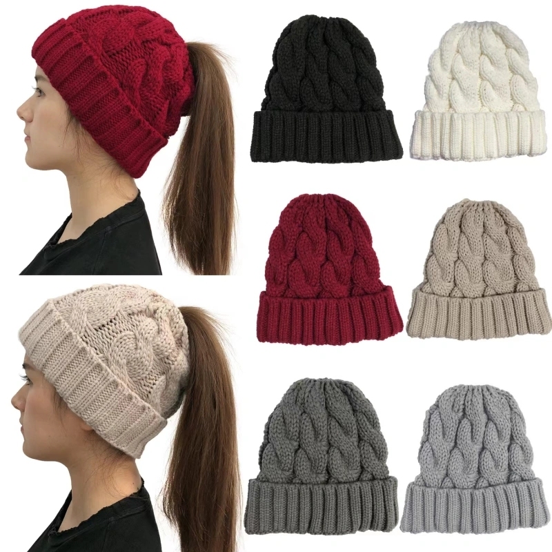 Winter Chunky Warm Cable Knit Pony Tail Hats With Ponytail Hole Top Shipped By Air