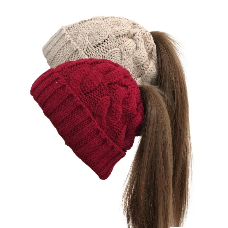 Winter Chunky Warm Cable Knit Pony Tail Hats With Ponytail Hole Top Shipped By Air